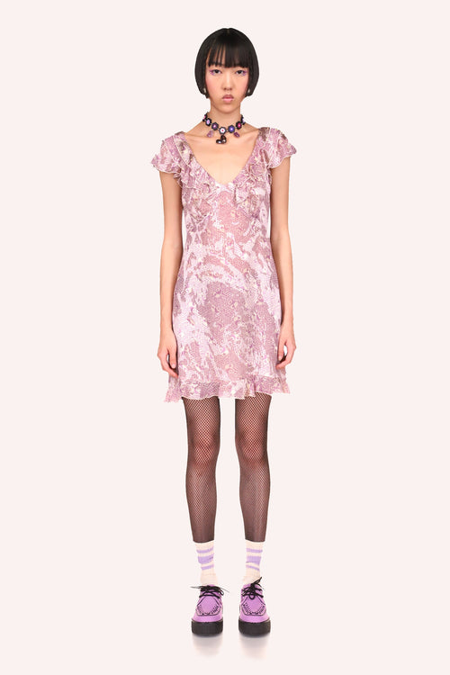  Anna Sui Floating Tulips Dress Mauve, mid-tight long, short sleeves over shoulders,  deep v-cut collar neck line
