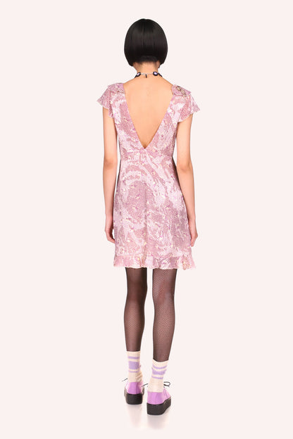 Floating Tulips Dress Mauve back, deep cut, ribbon on shoulders, transparent at bottom