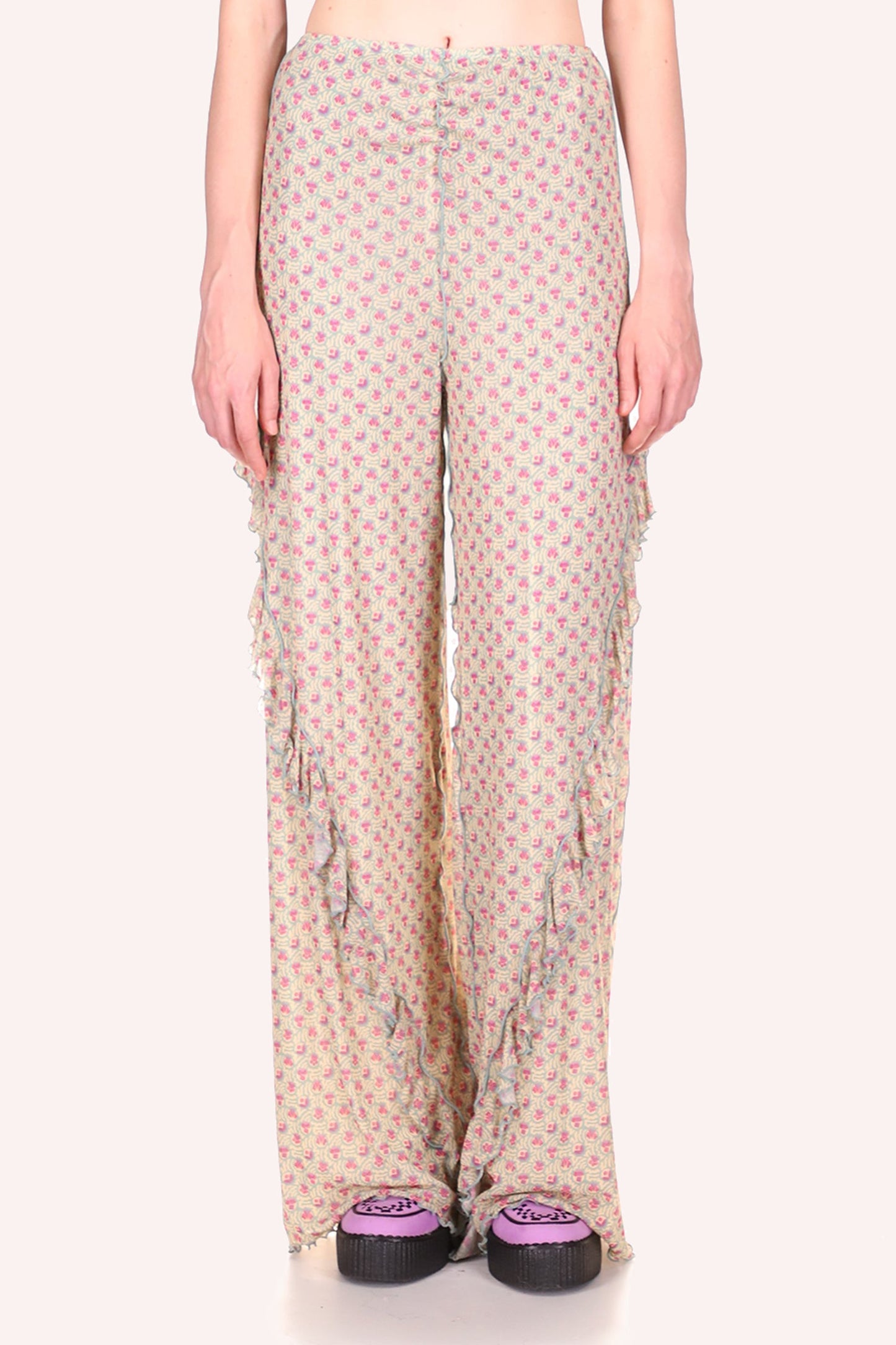 Rosebuds Mesh Pants beige, pink rosebud pattern, ruffle ribbon from the hips to foot on each side
