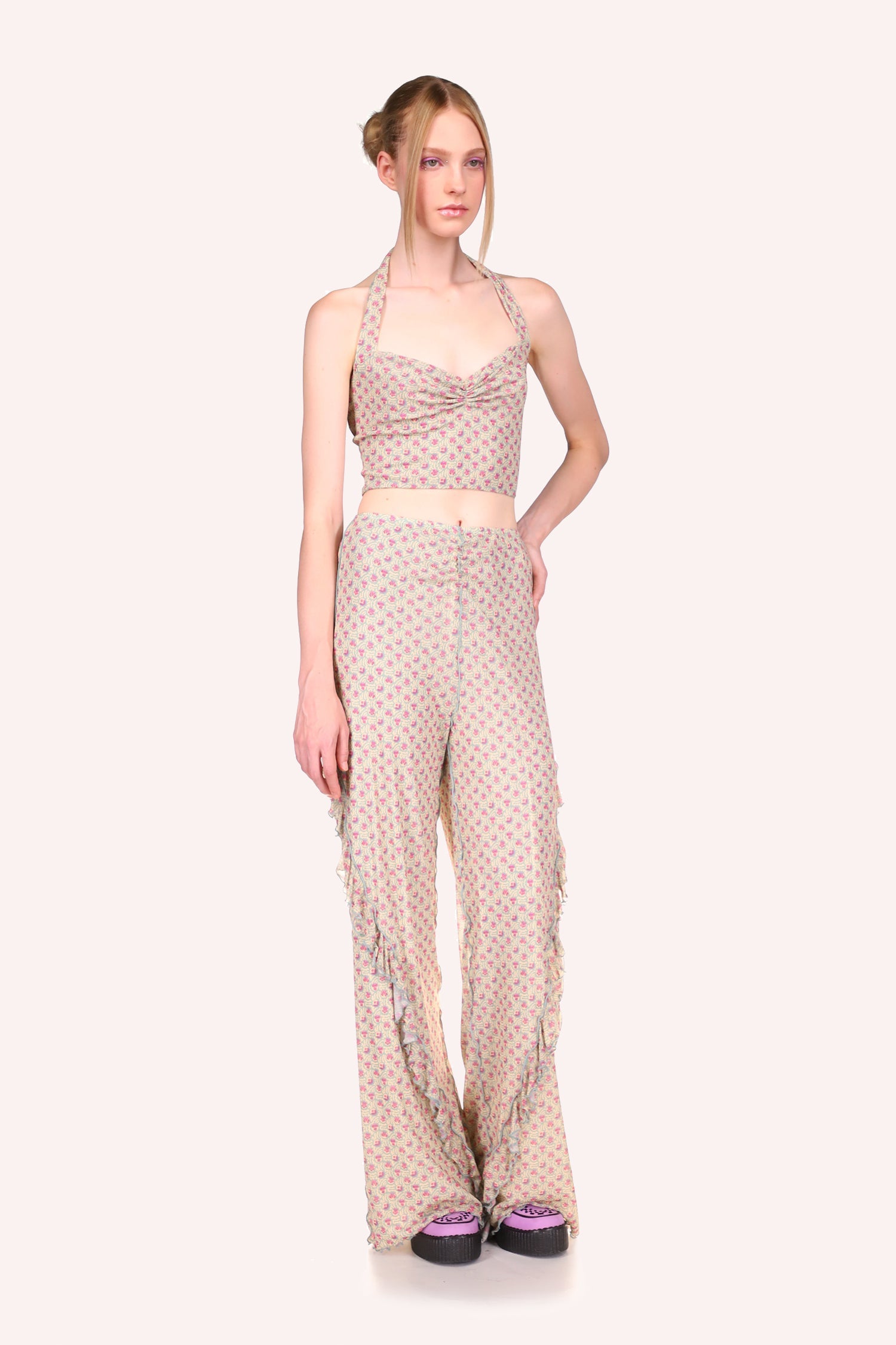 Rosebuds Mesh Pants Sage beige, ribbon ruffle from the hips to the foot on each side in V-shape