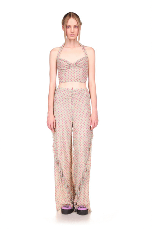 Rosebuds Mesh Pants Sage, Cream with pink rosebuds pattern, a ribbon run from hips to foot on each sidenna Sui