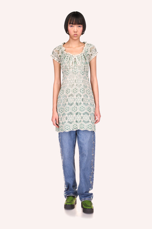 Floral Lace Tie Dress Sage, under hips long, short sleeves over shoulders, round cut collar, white lace to tie at center