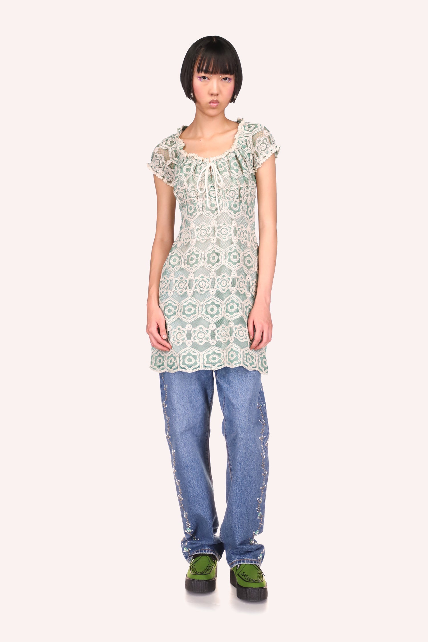 Anna Sui Floral Lace Tie Dress Sage, under hips long, short sleeves over shoulders, round cut collar
