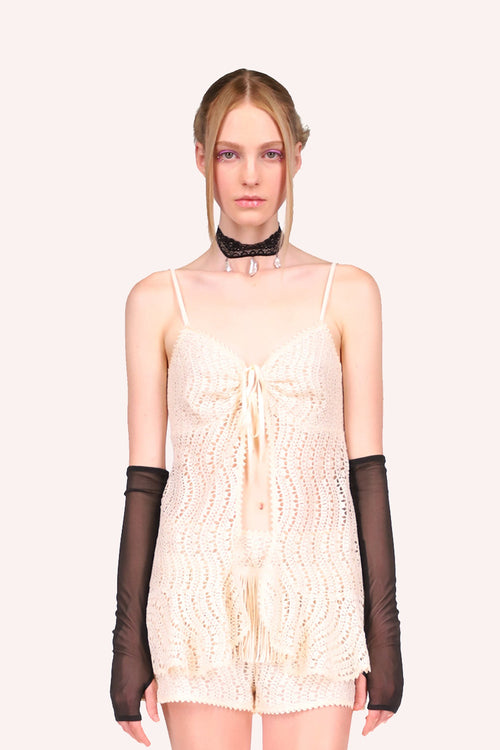 Sleeveless Crochet Lace Tie Top Cream, 2 straps on shoulders, open on front and ribbon to tie middle chest, see-through wavy pattern 