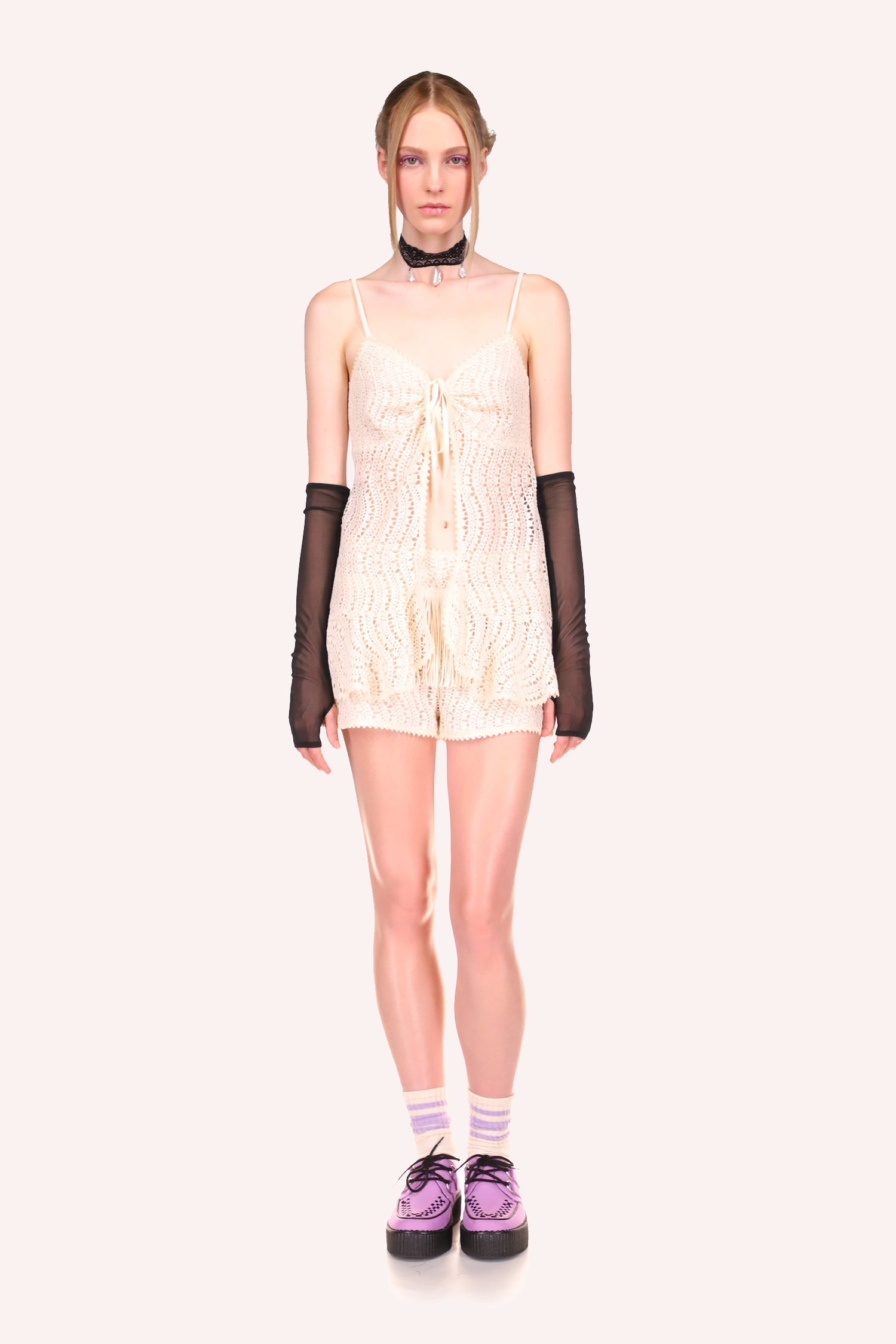 Crochet Lace Shorts in Cream match perfectly with the Anna Sui Crochet Lace Tie Top in Cream