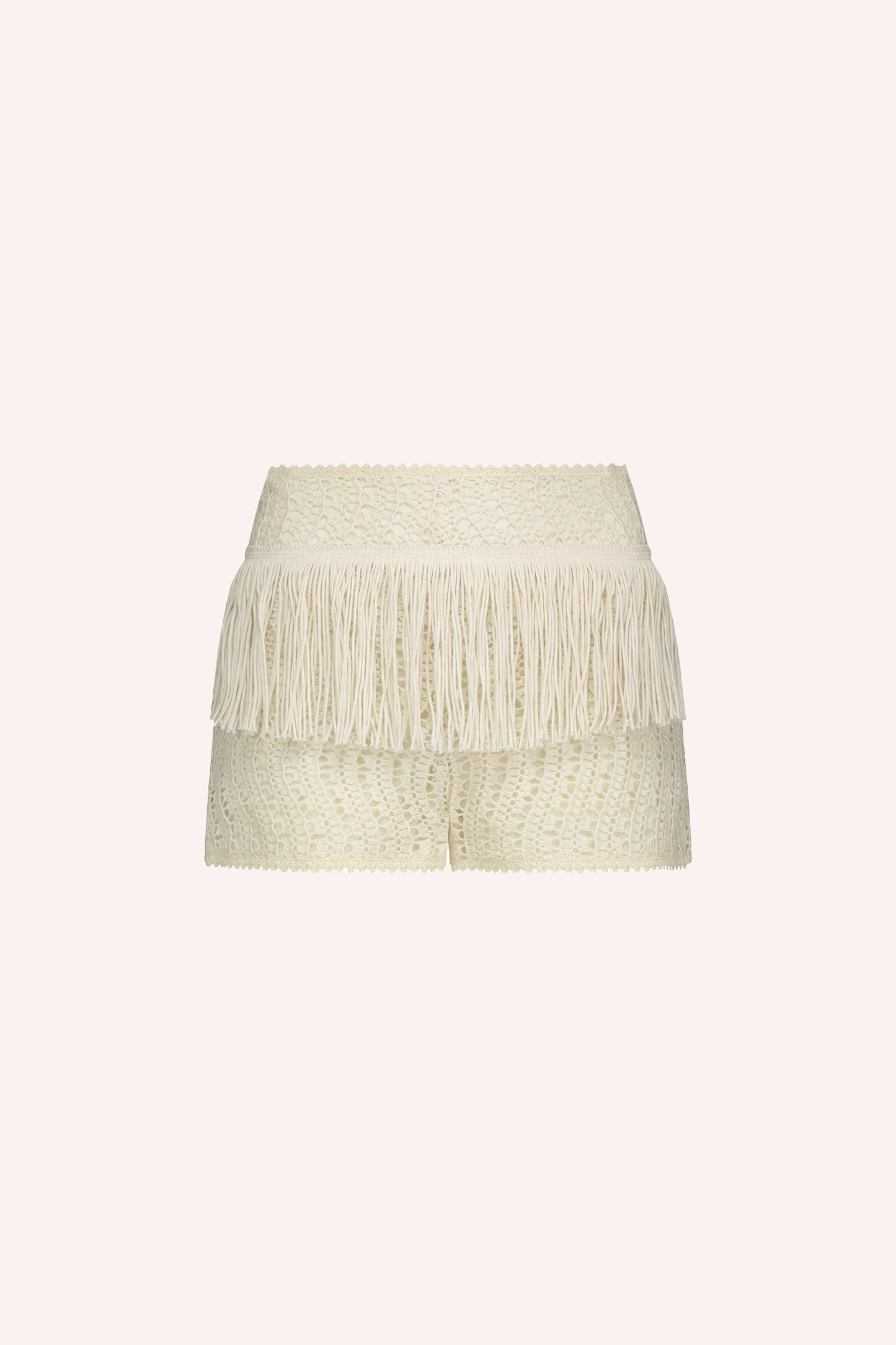 Anna Sui Crochet Lace Shorts Cream, with a short fringe belt around the hips, 