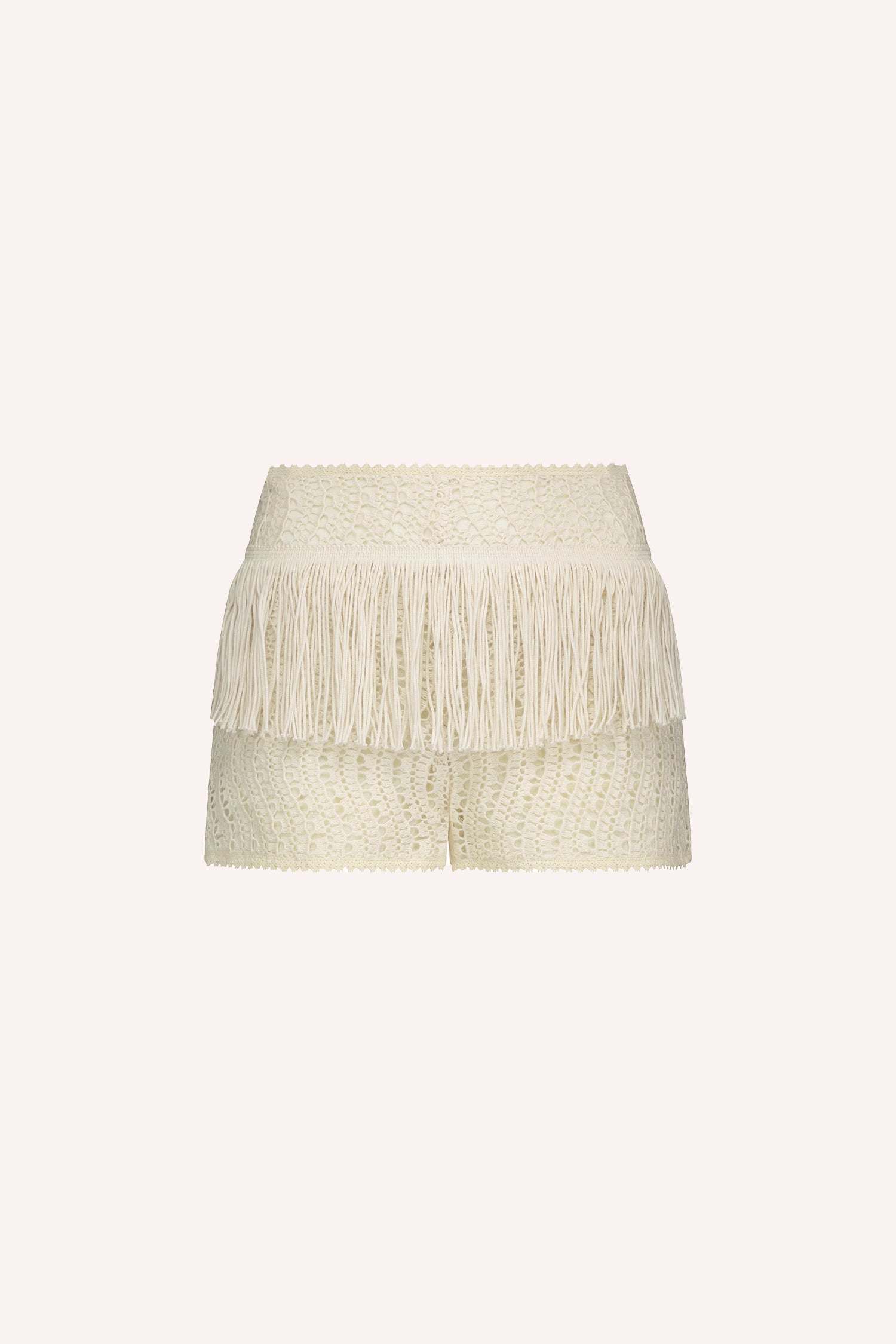 Anna Sui Crochet Lace Shorts Crema, con un cinturón corto de flecos alrededor de las caderas, 