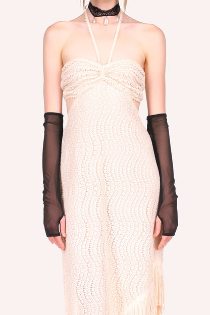 Cream crochet dress see-through, horizontal ruffles on chest, strap goes around the neck