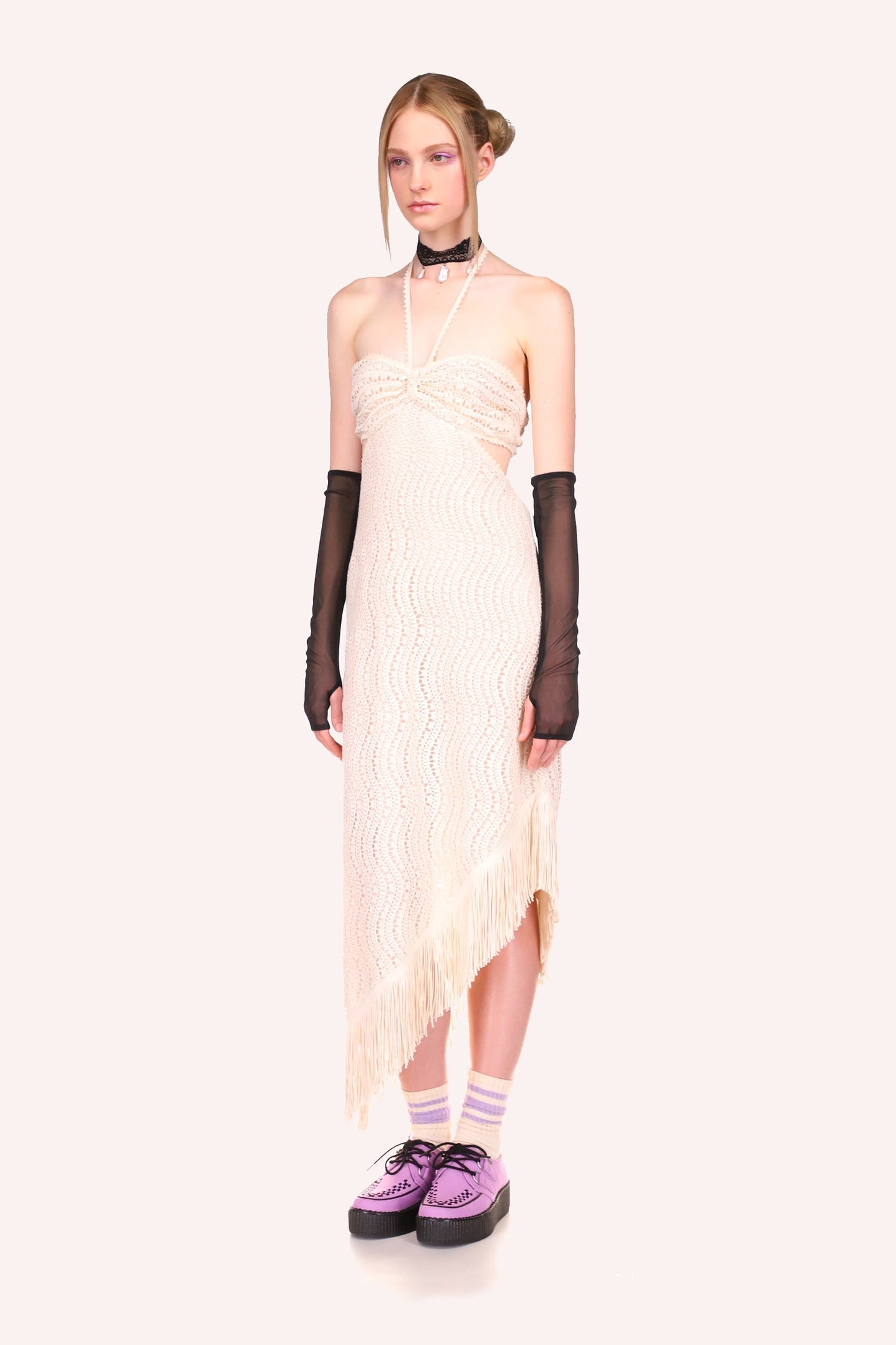 Sleeveless Dress Cream, 2 straps across the neck, ankles long with a 45-angle cut