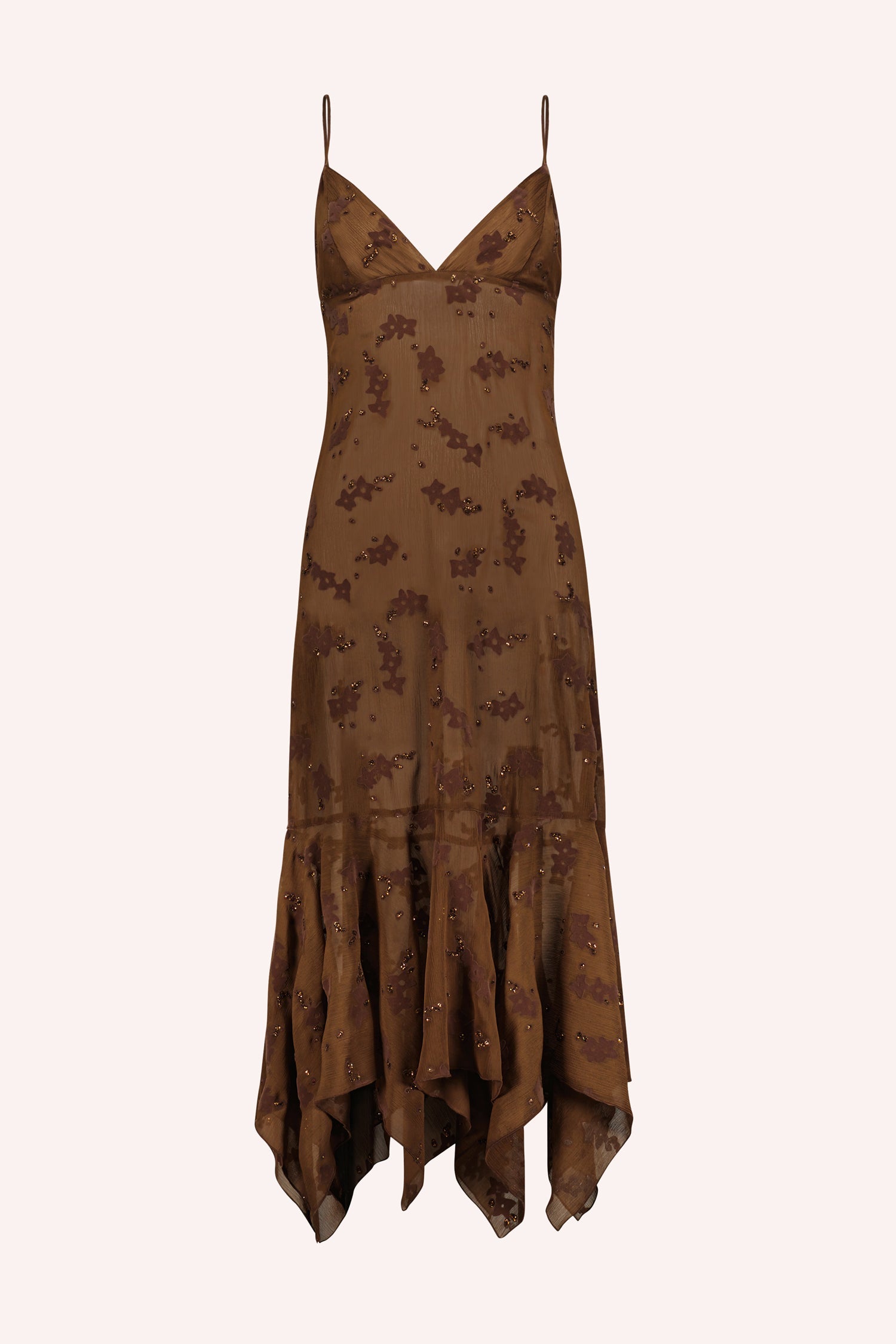 Detail of Crinkle Chiffon Slip Dress, Cocoa, darker floral pattern, hue of brown hem at bust line