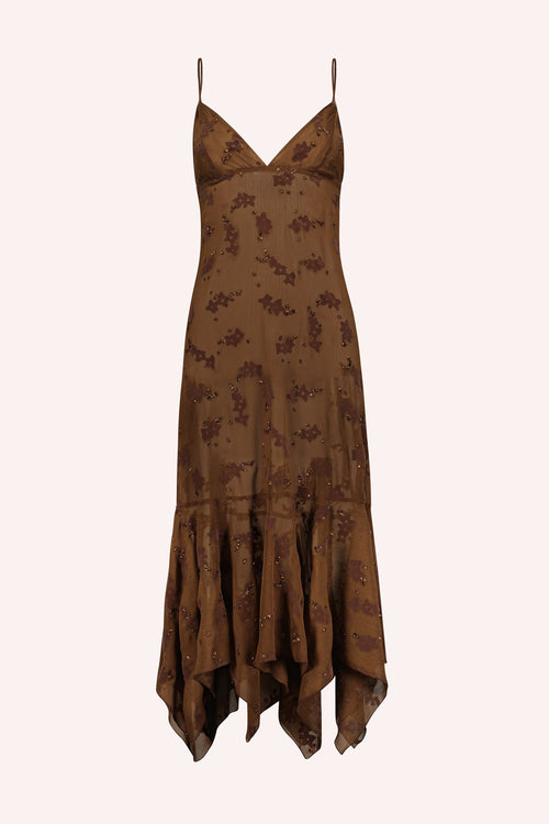 Detail of Crinkle Chiffon Slip Dress, Cocoa with a darker floral pattern, hem in a shade of brown under the bust line