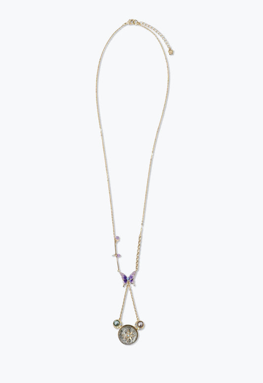 Necklace, large links, 2-chains in V-angle down from a purple butterfly, a round pendant, 2-pearls