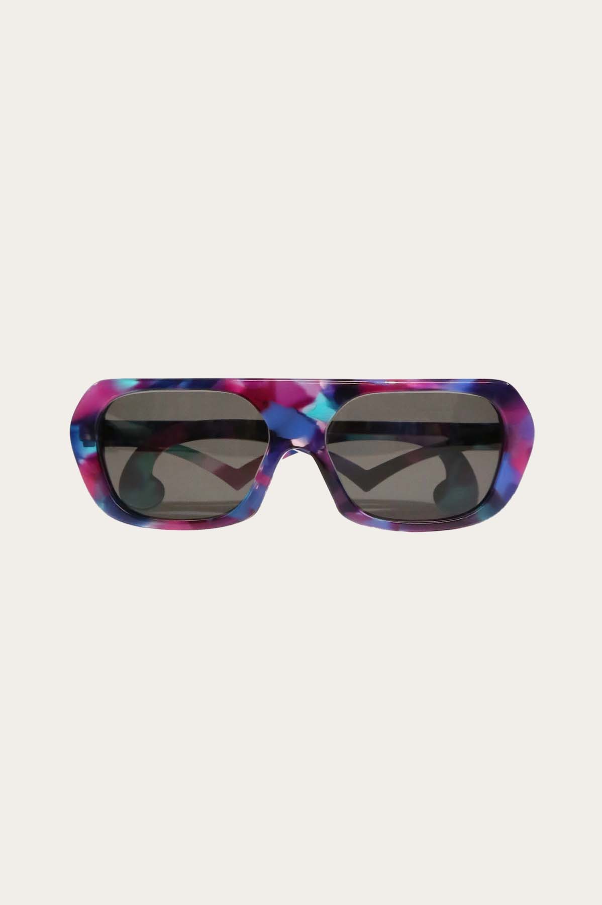 THE ANNA Pink Blue Camo, large eyeglass frame with tinted lenses, branch with a V-Shaped design