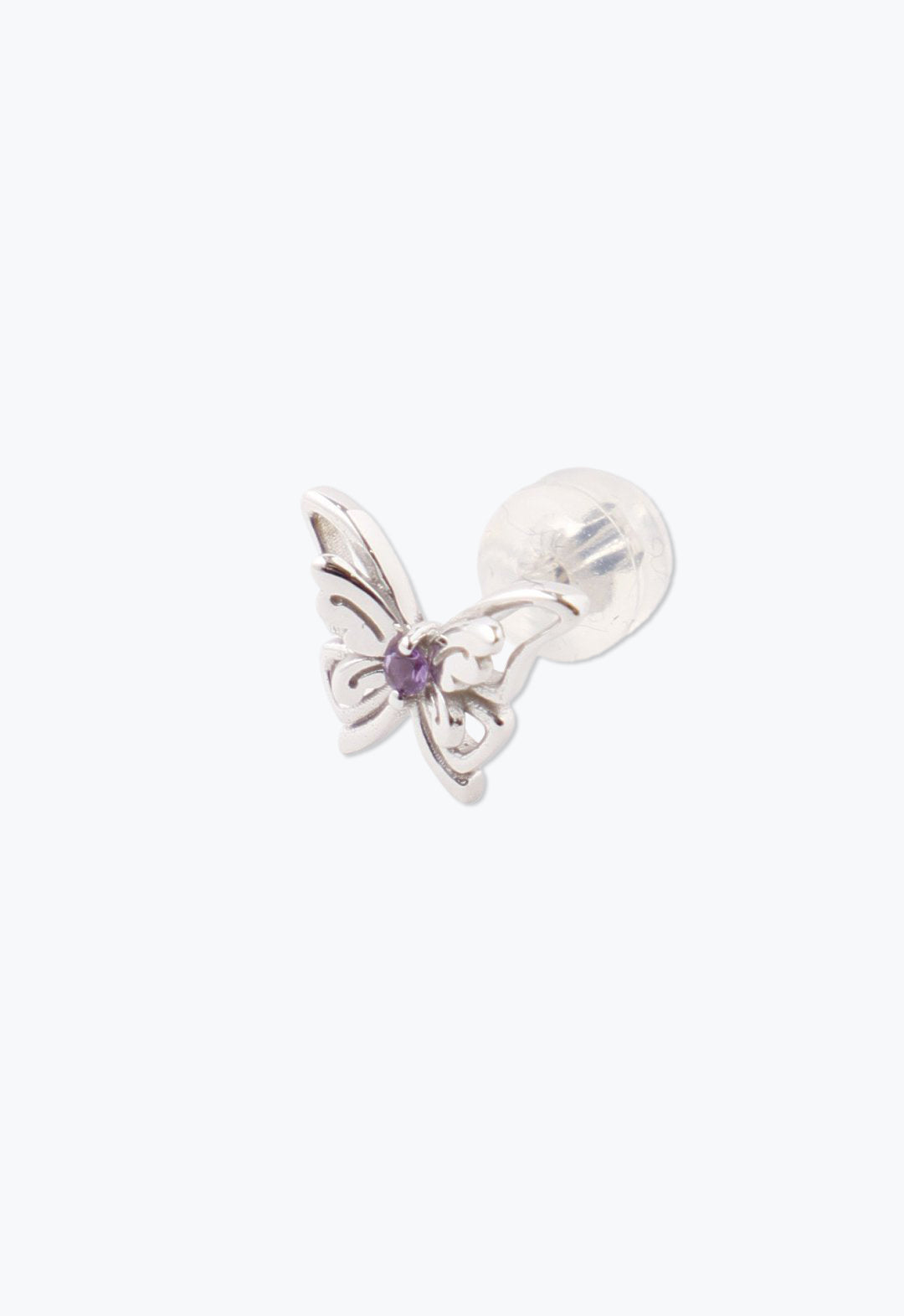 Ribbon Butterfly Earing Silver are claps earing Rhodium Plated metal, an Amethyst