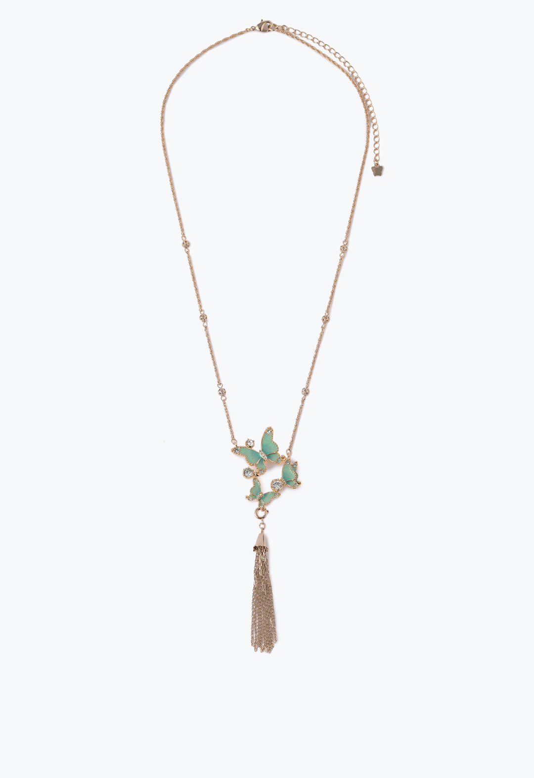 Butterfly Trio Statement Necklace green, golden chain with small links, a pendant as tieback-like