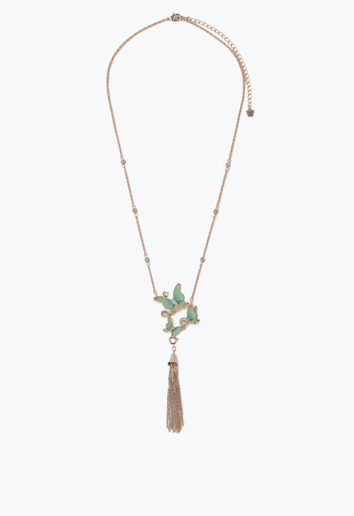 Butterfly Trio Statement Necklace Green, on a golden chain with small links, with a pendant as tieback like