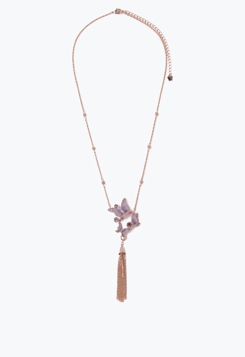 Butterfly Trio Statement Necklace Purple, on a golden chain with small links, with a pendant as tieback like