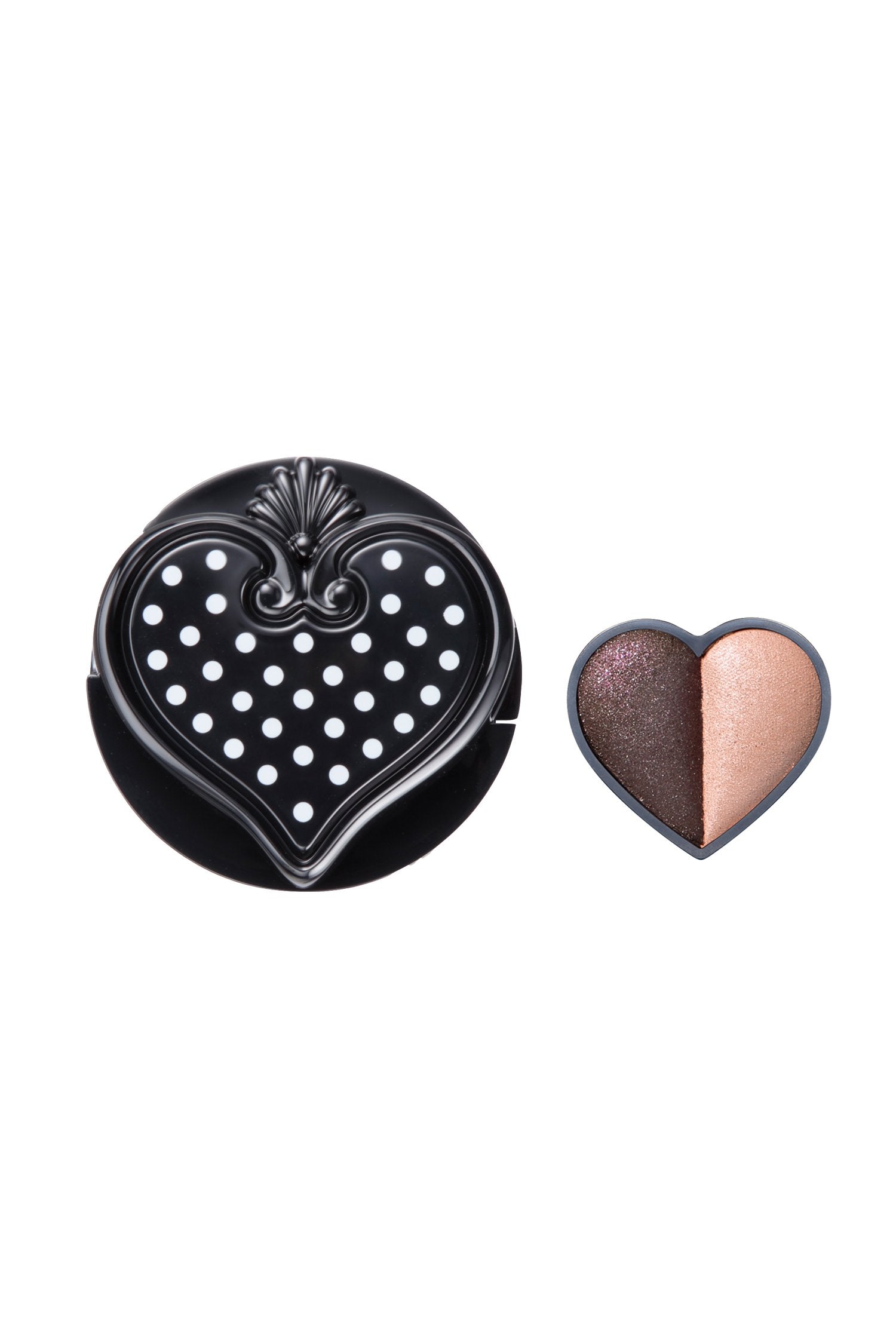 Sui black eye color 300 FUNKY PINK DUO round black container with a heart shaped lid with white dots, and a seashell