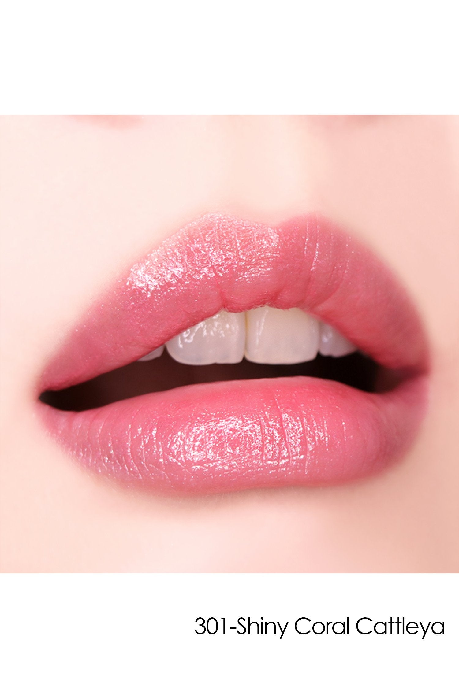 Lipstick S: Sheer Flower  301-Shiny Coral Cattleya on lips