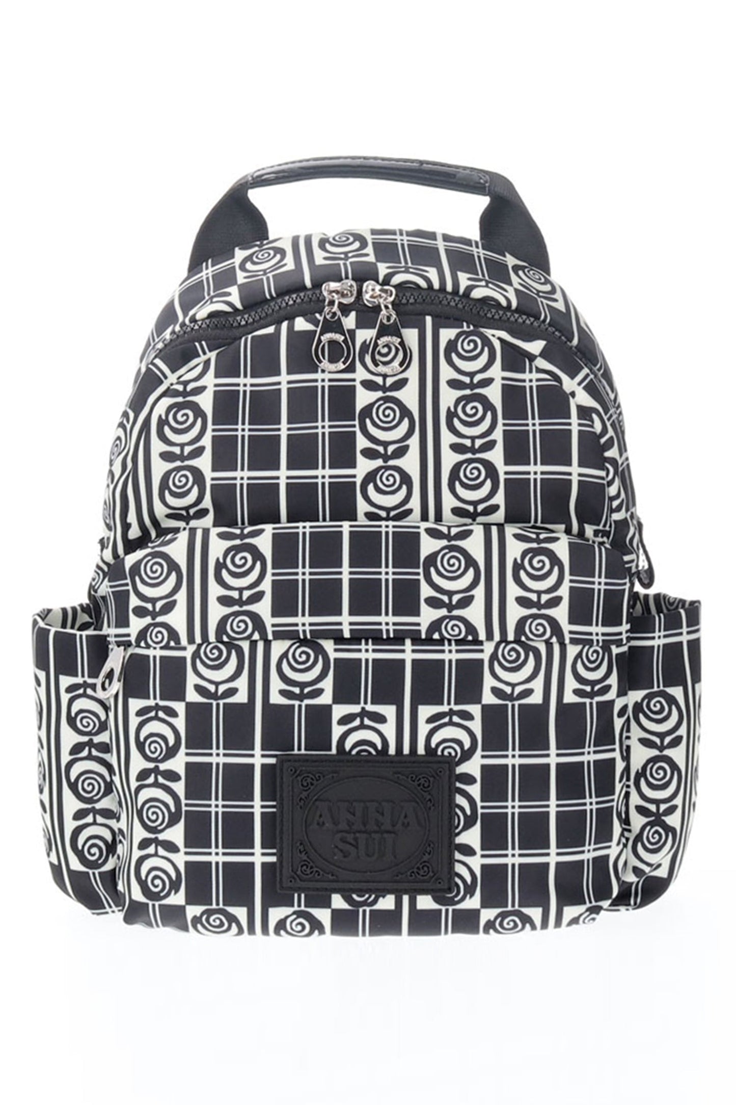 Backpack, handle on top, 2-straps, design of BW roses, and BW trellis, zipper pocket on the back
