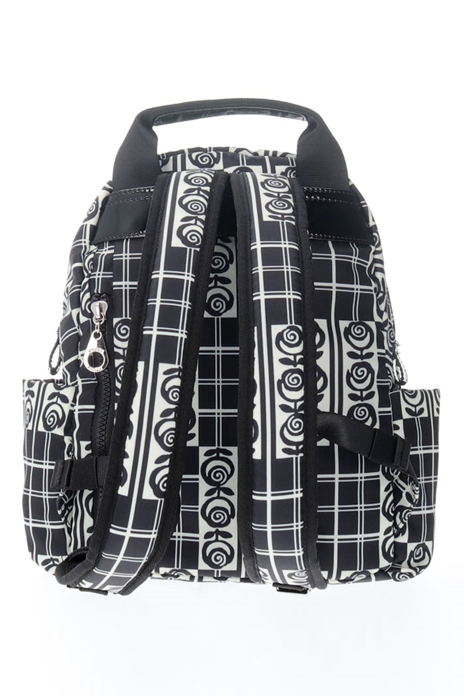 Rose Trellis Backpack, handle on top, 2-straps, design of BW roses trellis, zipper pocket on the back