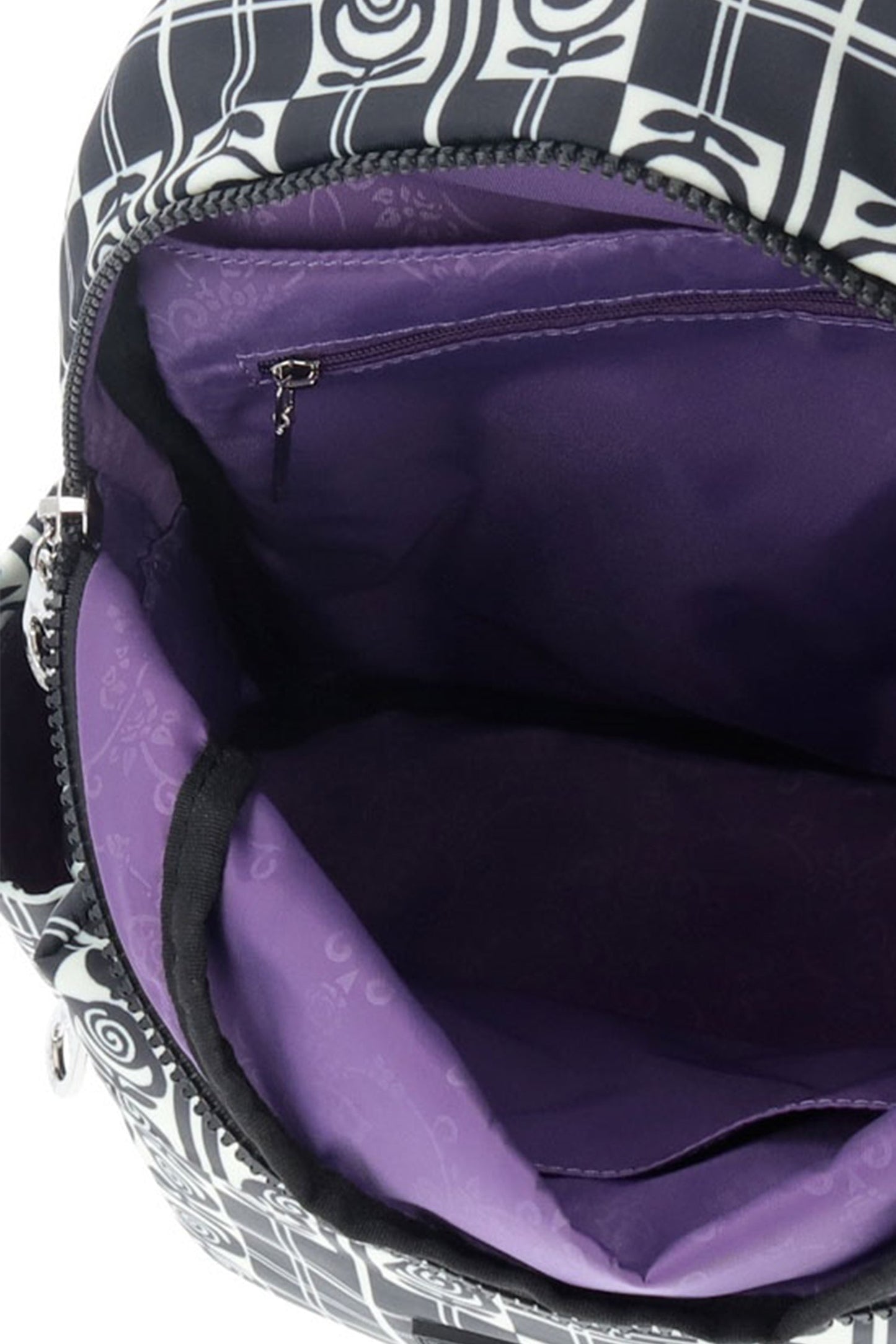 Rose Trellis Backpack, purple design inside, with zipper pocket, and flap pocket, plenty of space 