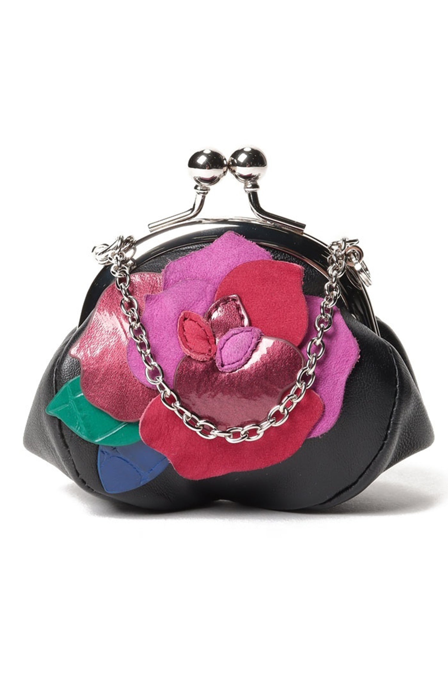 Candy Charm Mini Purse Black, with a large reddish flower in front, silver chain and big Clasp