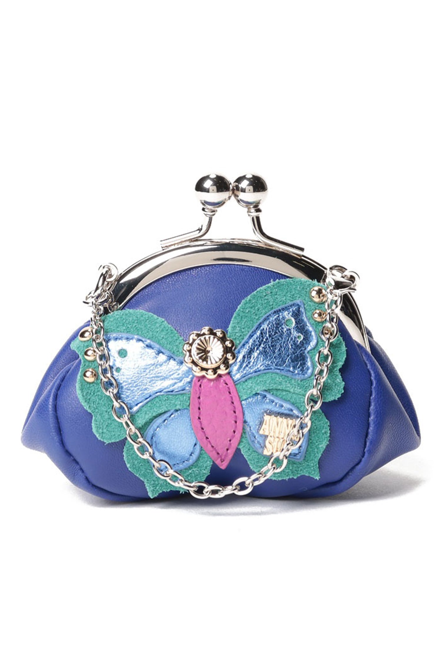 Candy Charm Mini Purse Navy, with a large butterfly, with a golden head, silver chain, and big Clasp
