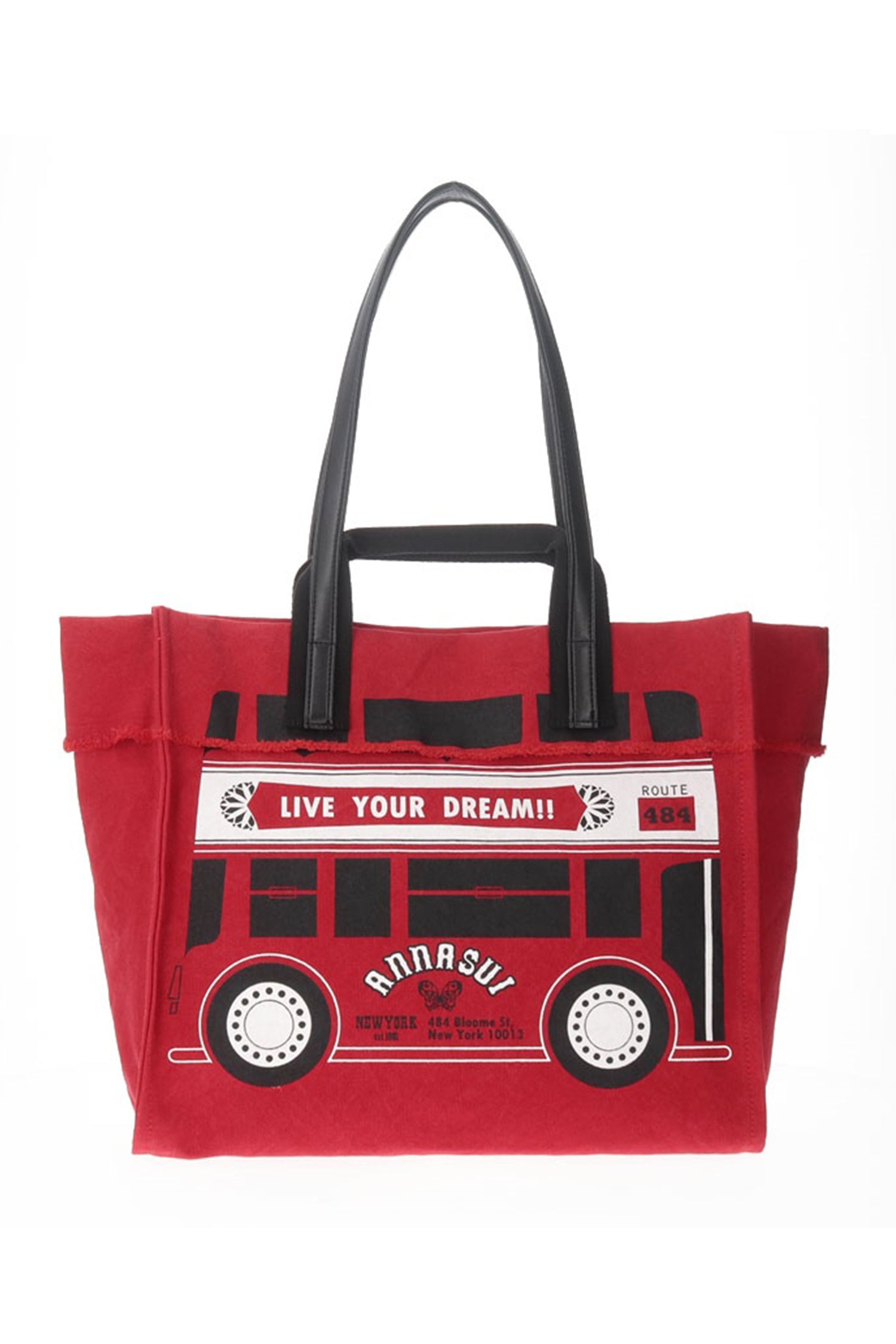 Anna Sui Tote Bag, shows a stylized bus with “live your dream” and “ Anna Sui, 2 sets of handles a pair long a pair short