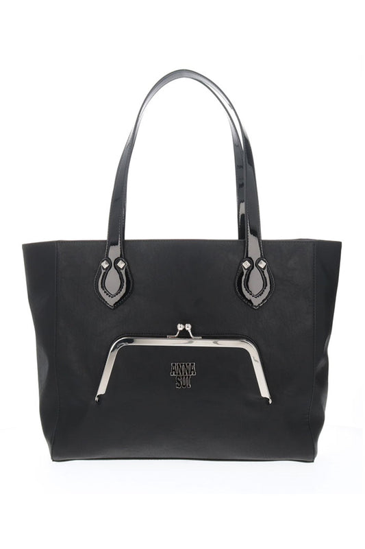 Metallica Large Tote Bag Black, purse in front with silver claps, Anna Sui logo, 2-handles