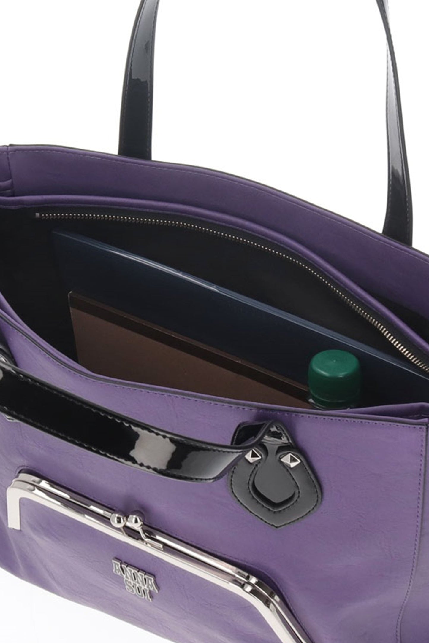 Metallica Large Tote Bag Purple zipper on top to close it, the handles are in a shiny black material