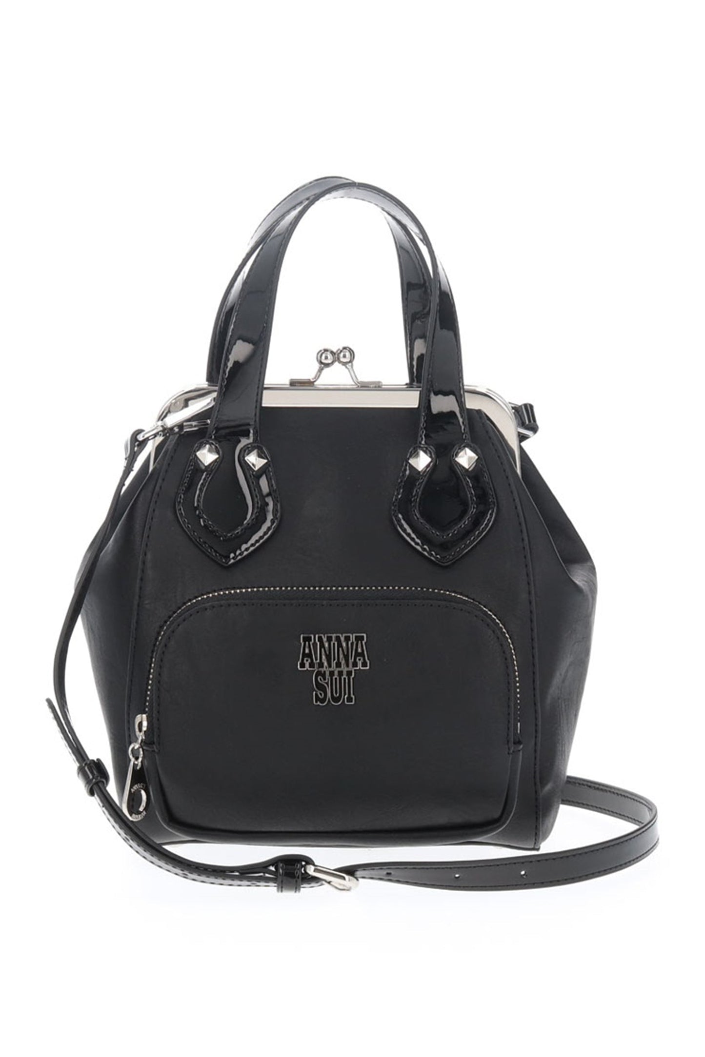 Bag Black, zipper pocket on the front, Anna Sui label, 2 handles, metallic Clasp clipper on top