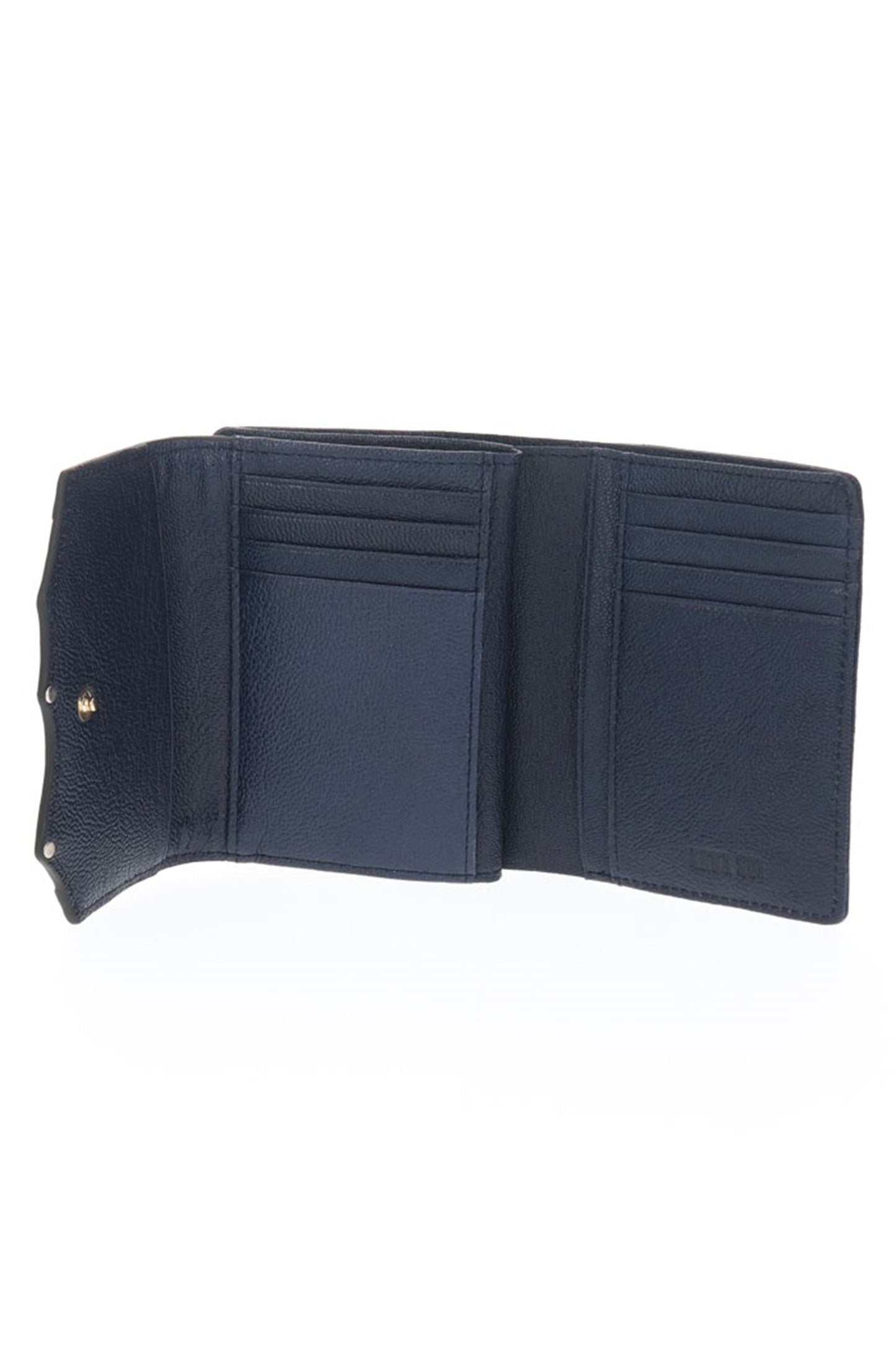 Open, Poison Clasp Bi-fold Wallet Navy reveals two compartments with four slots for credit cards.