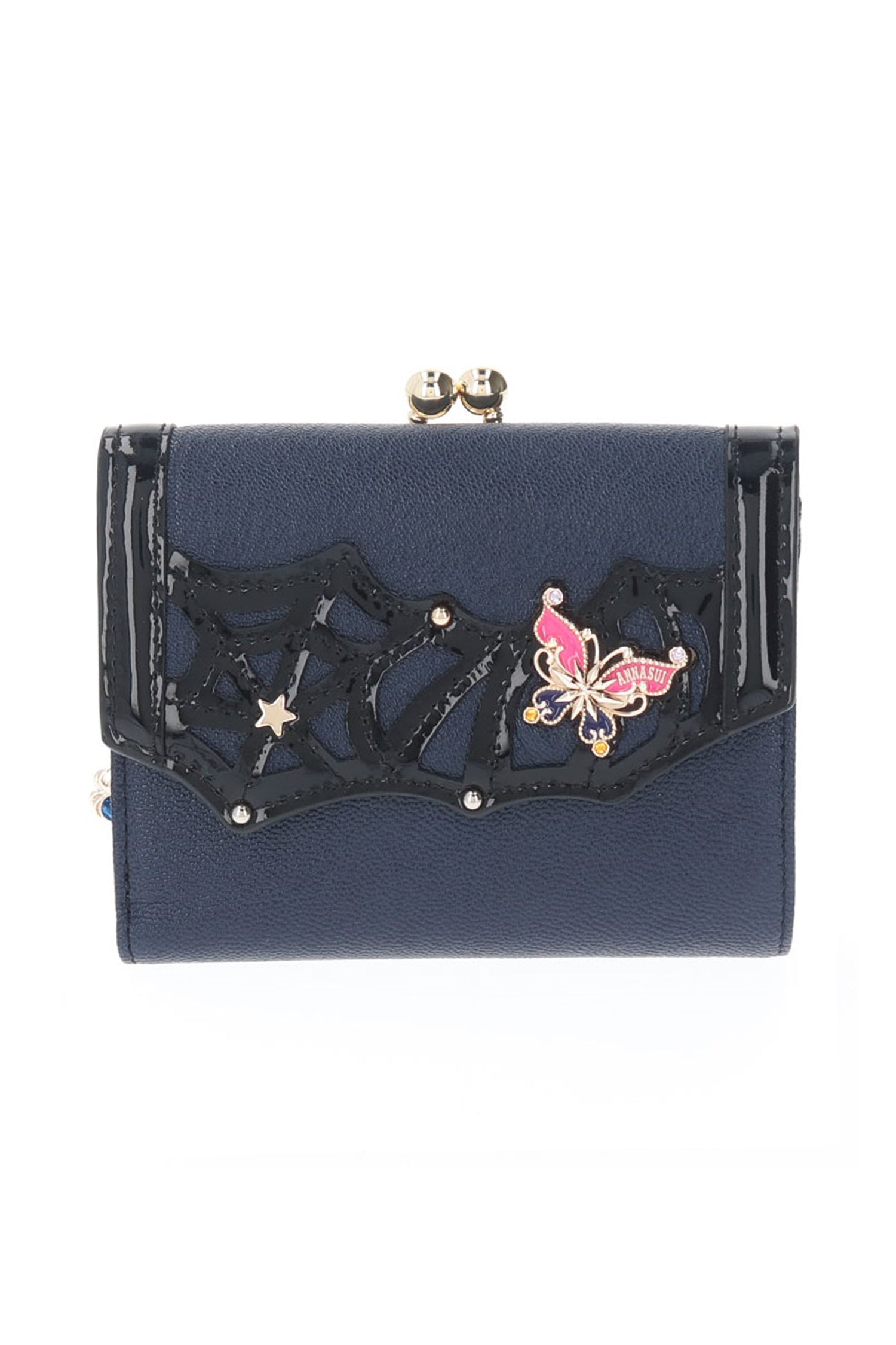 Poison Clasp Bi-fold Wallet Navy with a flap like a black spiderweb with butterfly and a golden star