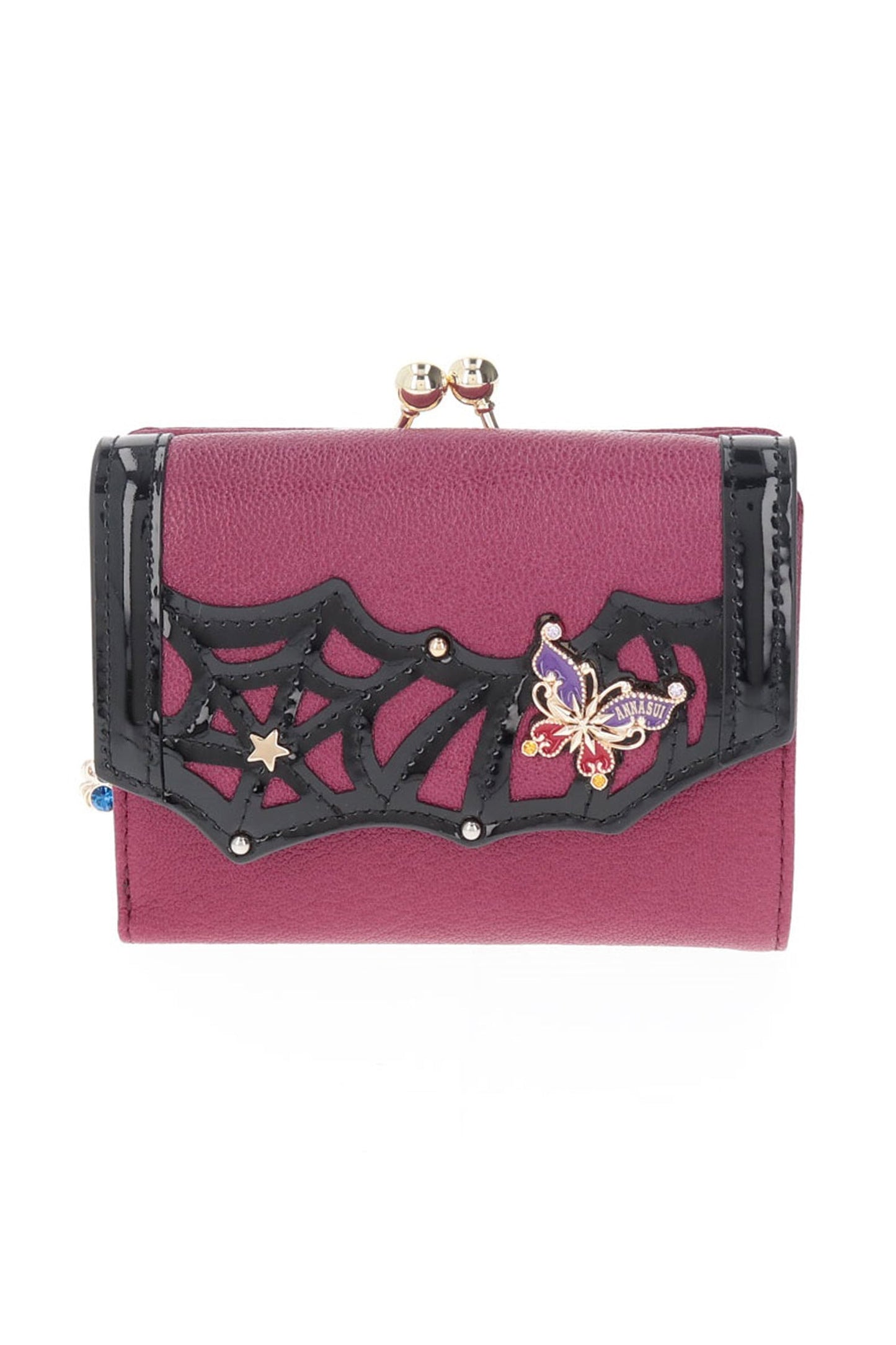 Poison Clasp Bi-fold Wallet Bordeaux, flap like a black spiderweb with a butterfly, star on top