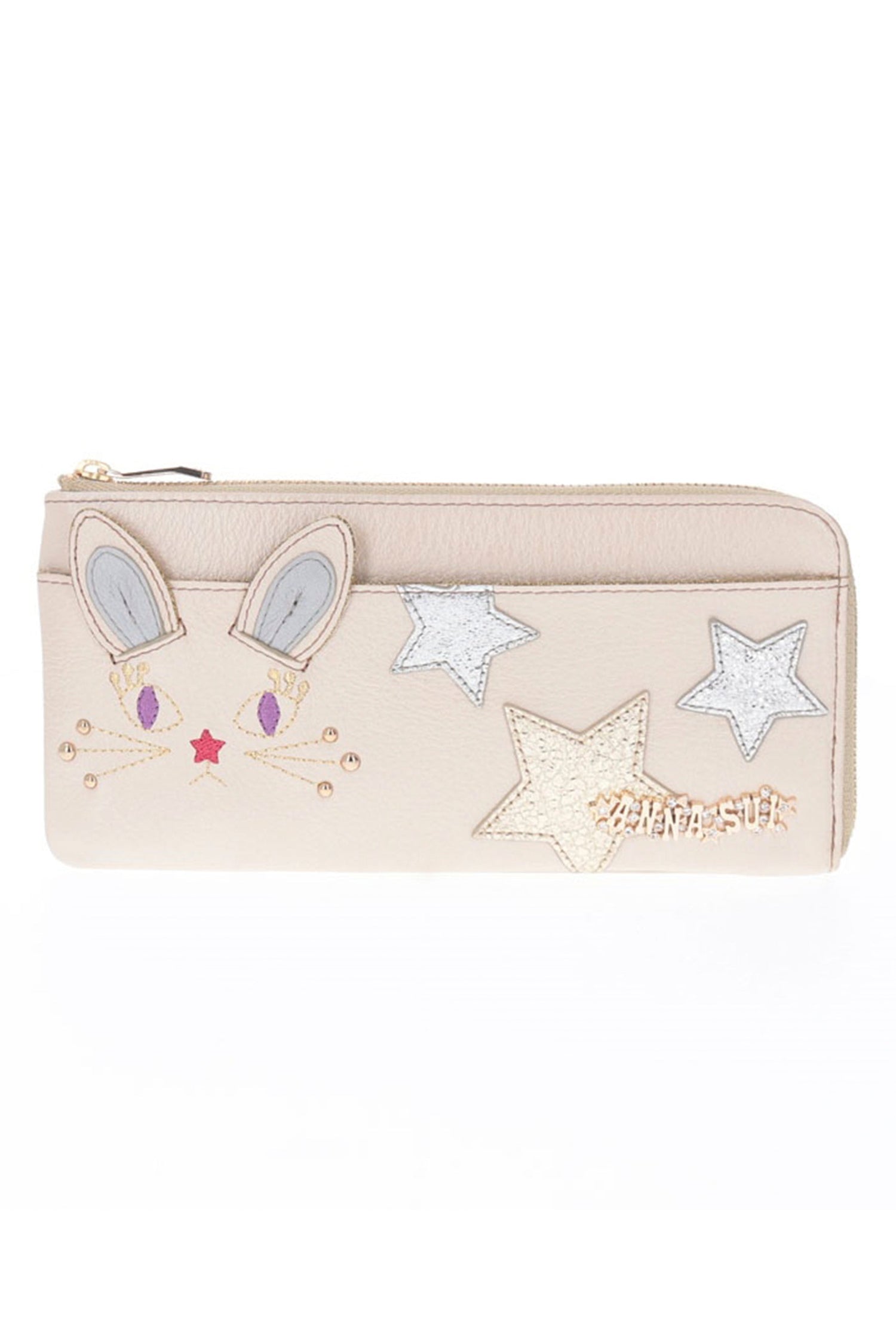 Wallet Beige, rectangular, zipper on top, pocket on the side, rabbit design on left, Anna Sui label