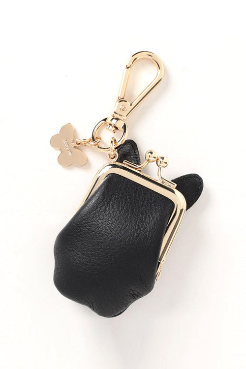 From the back, My Mimmy Mini Rabbit shows the rabbit ears, Black, golden Keychain with a butterfly 