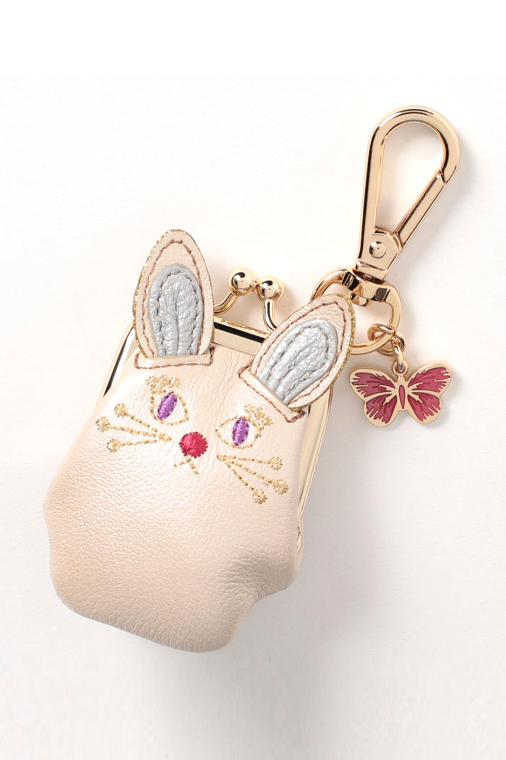 My Mimmy Mini Rabbit Keychain Beige, silver Rabbit-like design, golden Keychain with a pink butterfly
