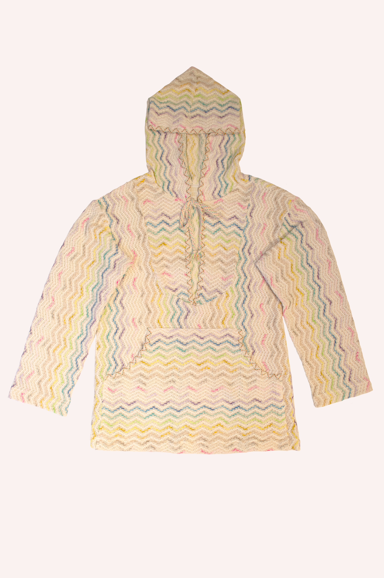 Shangri-La Knit texture Hoodie, off white with red, blue, yellow and green insert, deep collar cut with a lace, 2-pockets