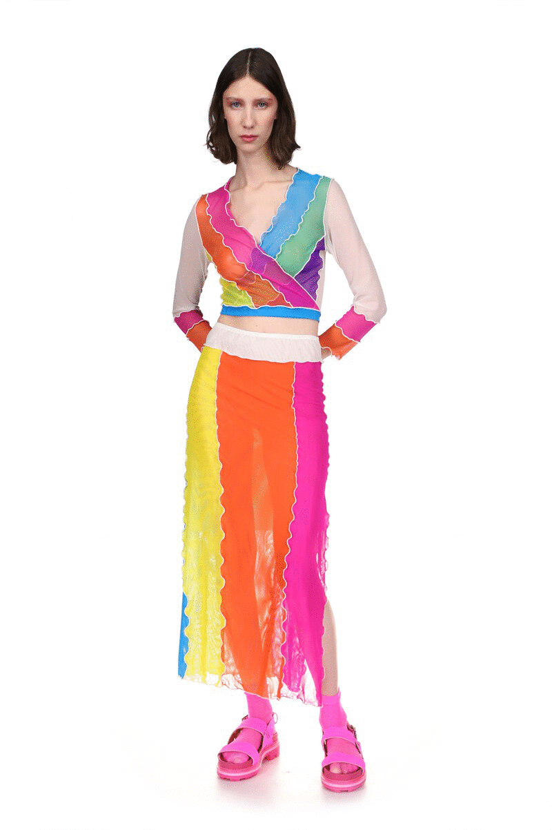 Mesh Rainbow Skirt, 3 colors on the back, purple,  green and blue, all seams are in white