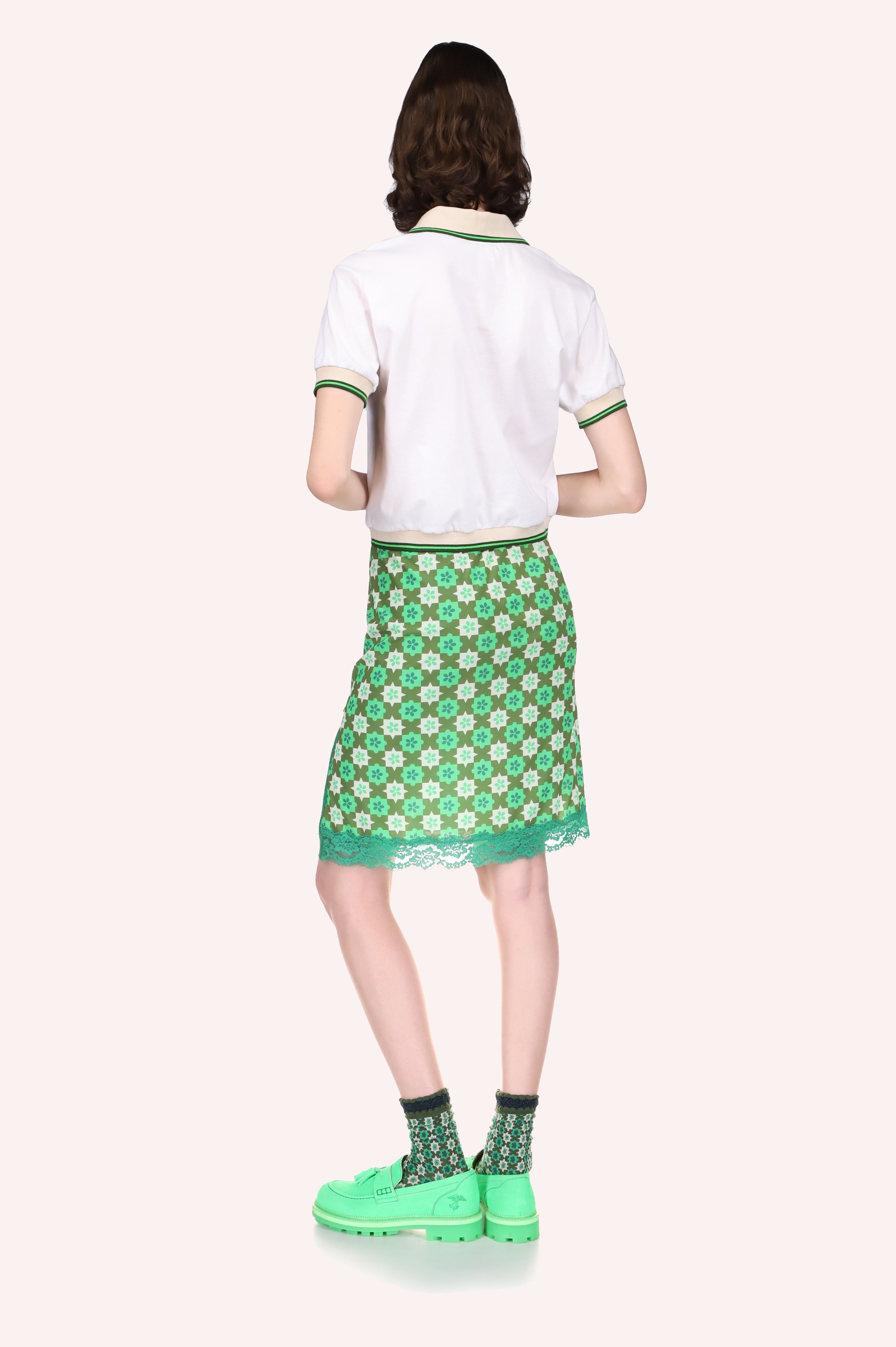Utopian Gingham Mesh Skirt Glo Green, from the back the green lace at the bottom highlighted the whole pattern
