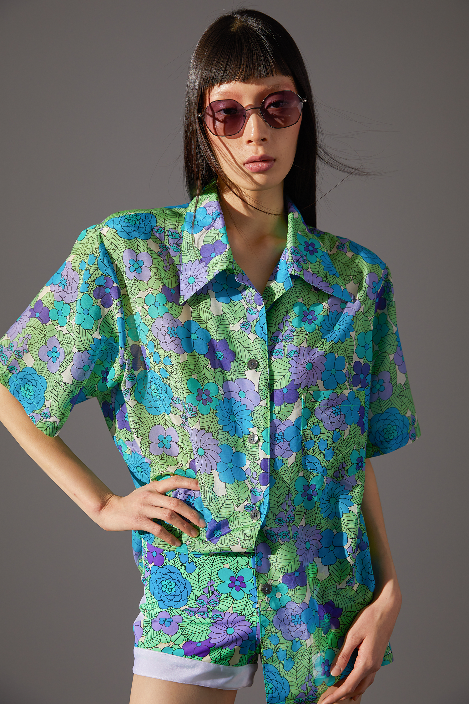 Beckoning Blossoms Button Down Top Orchid floral design is a genderless top, 