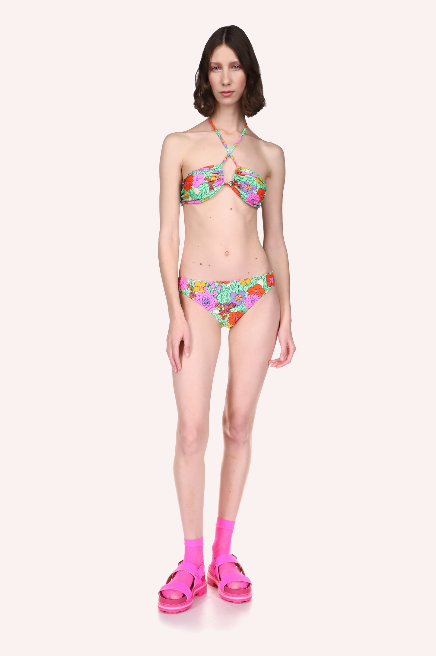 Beckoning Blossoms String Bikini Set, floral design in green & orange