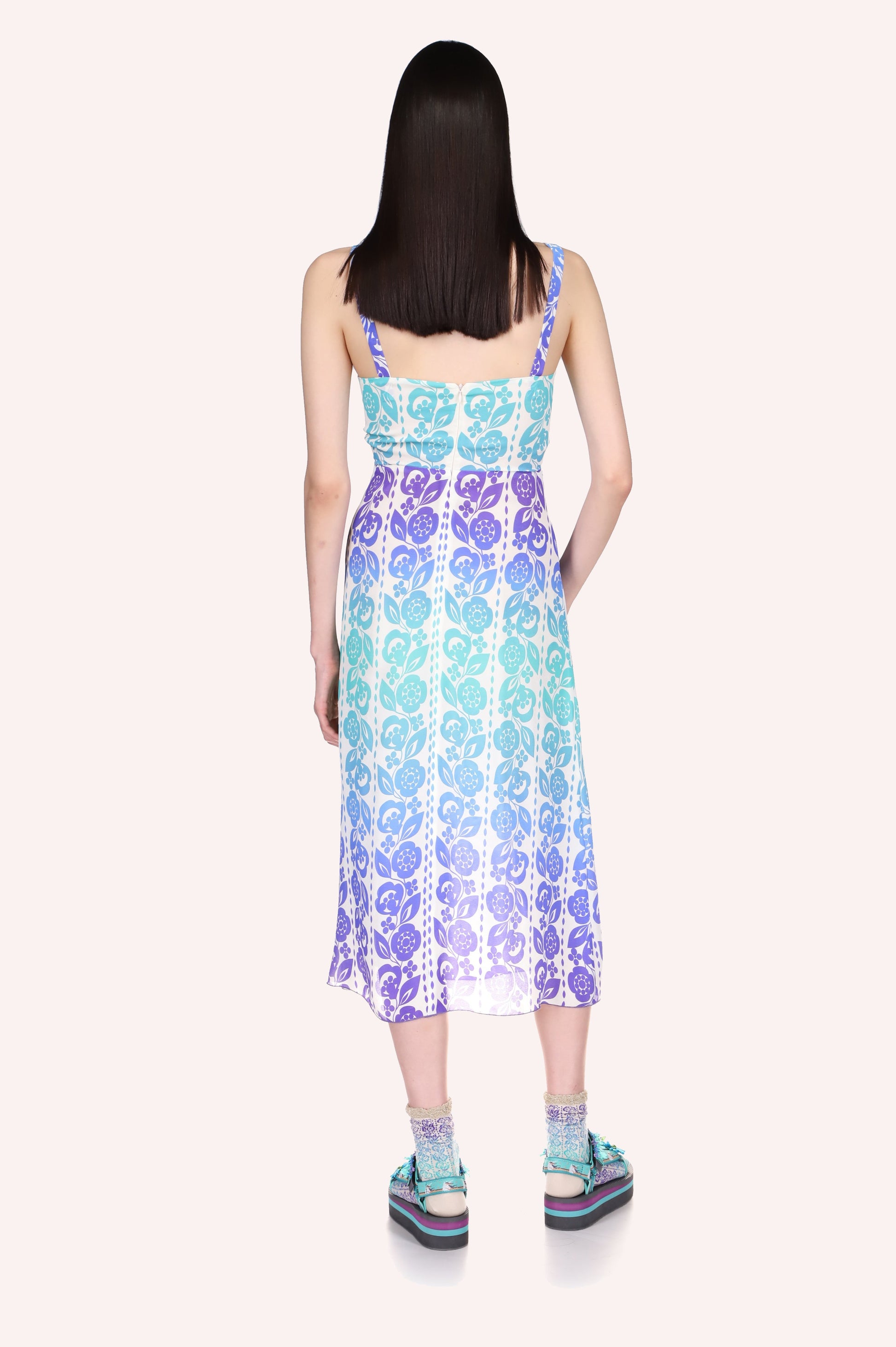 Radiant Ombre Slip Dress mid-calf long, sleeveless, bluish floral design