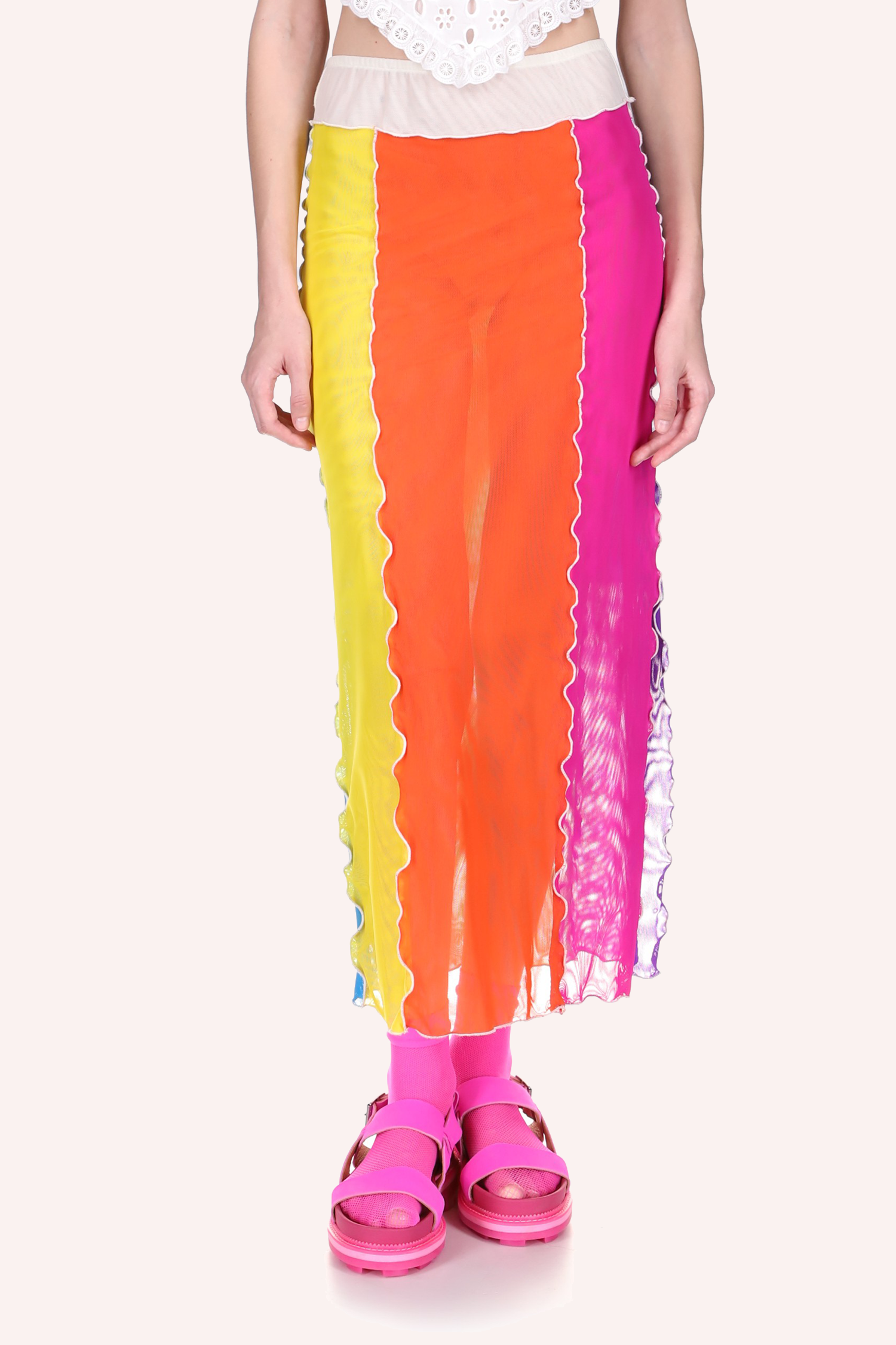 Mesh Rainbow Skirt, ankles long, see-thru, yellow, orange & pink, slit on the left, white belt line