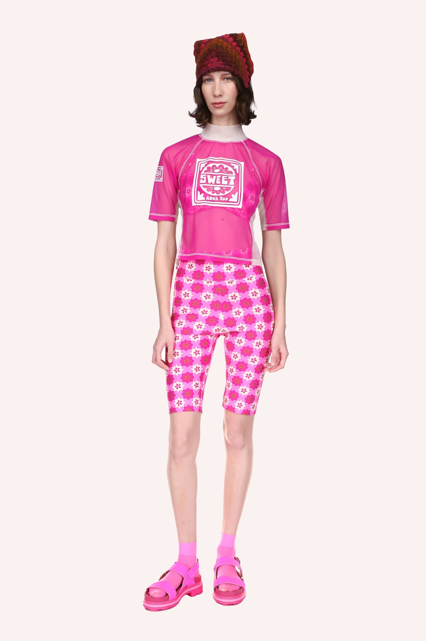 Utopian Gingham Bike Shorts Neon Pink at the hips high and very tight