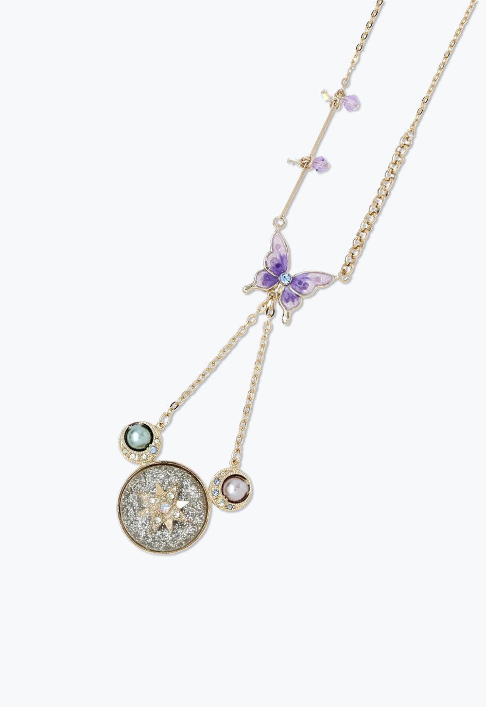 Purple butterfly, round pendant with strass, star shape in background with transparent stones