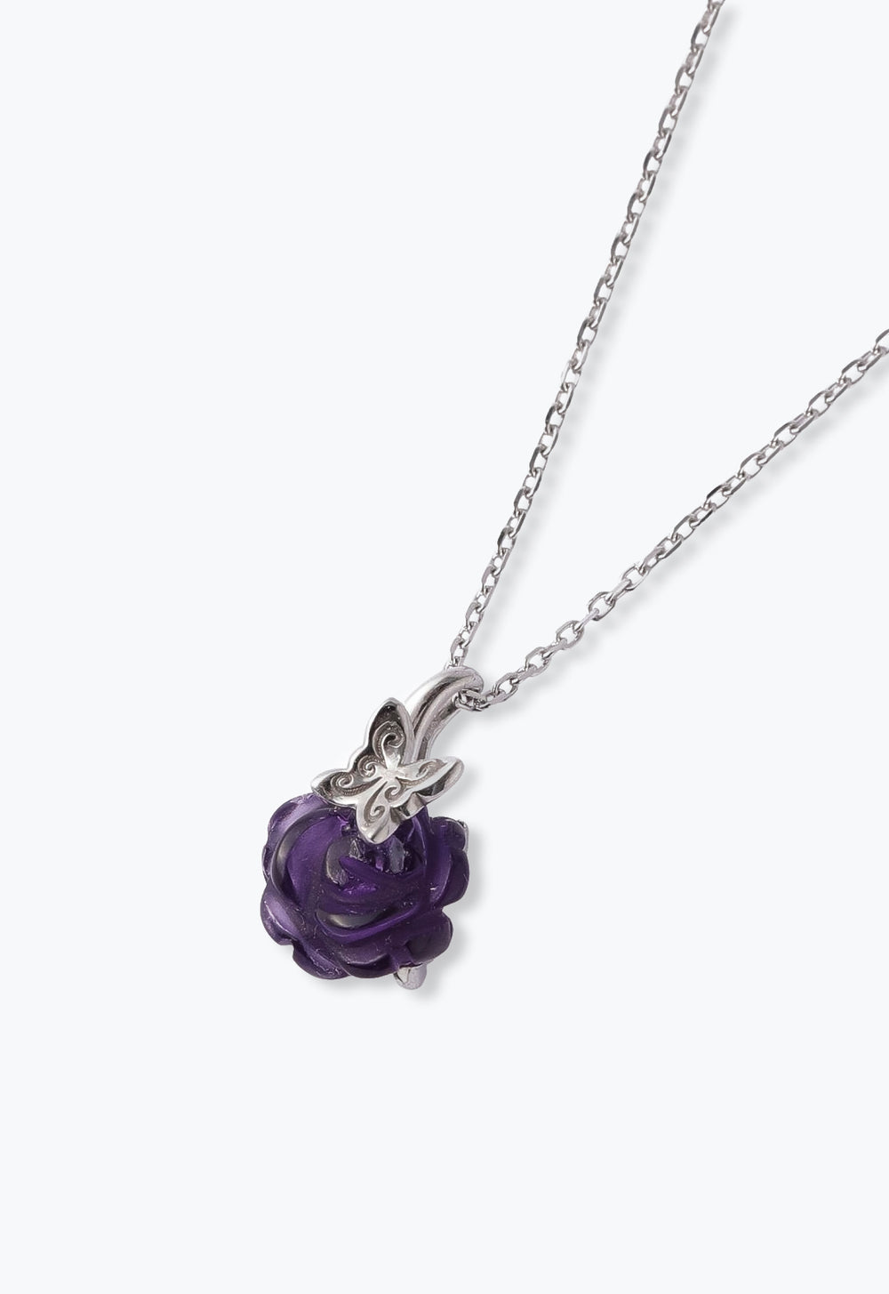 Rose and Butterfly Necklace, the butterfly is stylized, the amethyst rose is more vivid