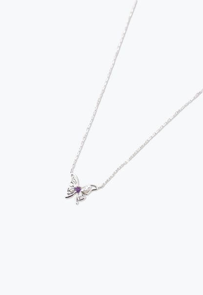 Ribbon Butterfly Necklace, butterfly is silver Plated metal, an Amethyst is at butterfly center