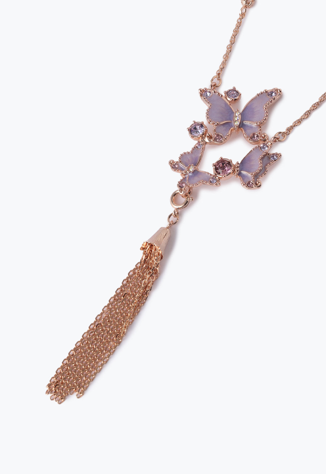 Butterfly Trio Statement Necklace Purple, under the butterflies, a tieback like with small chains can be dethatch